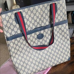 Gucci Beige and Navy Tote with Red Accents